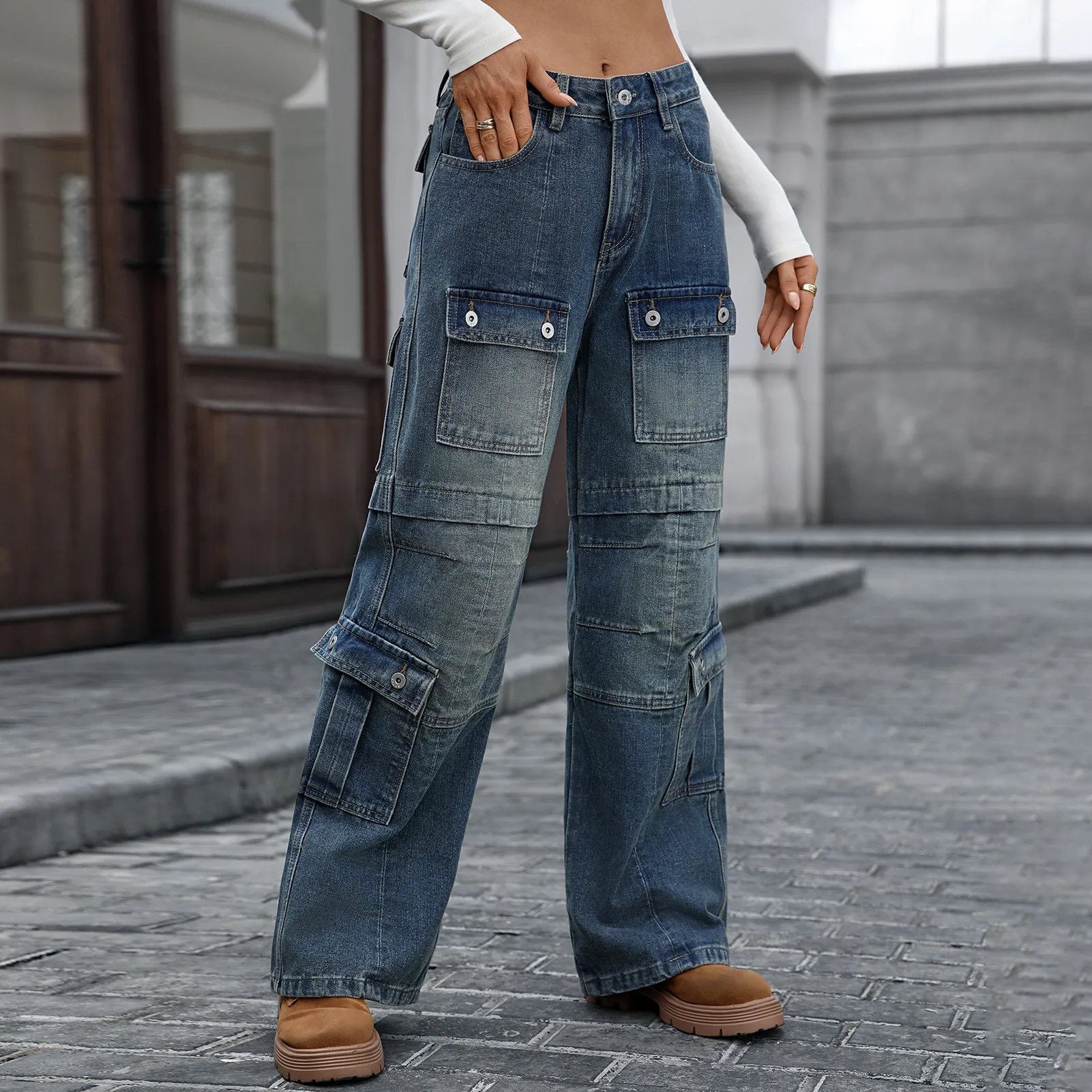 Washed Multi-Pocket Denim Cargo Pants