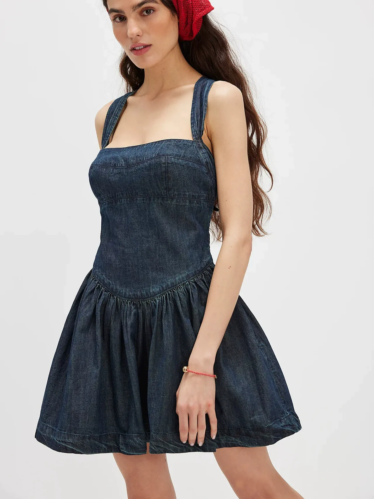Solid Backless High-Waist Denim Mini Dress