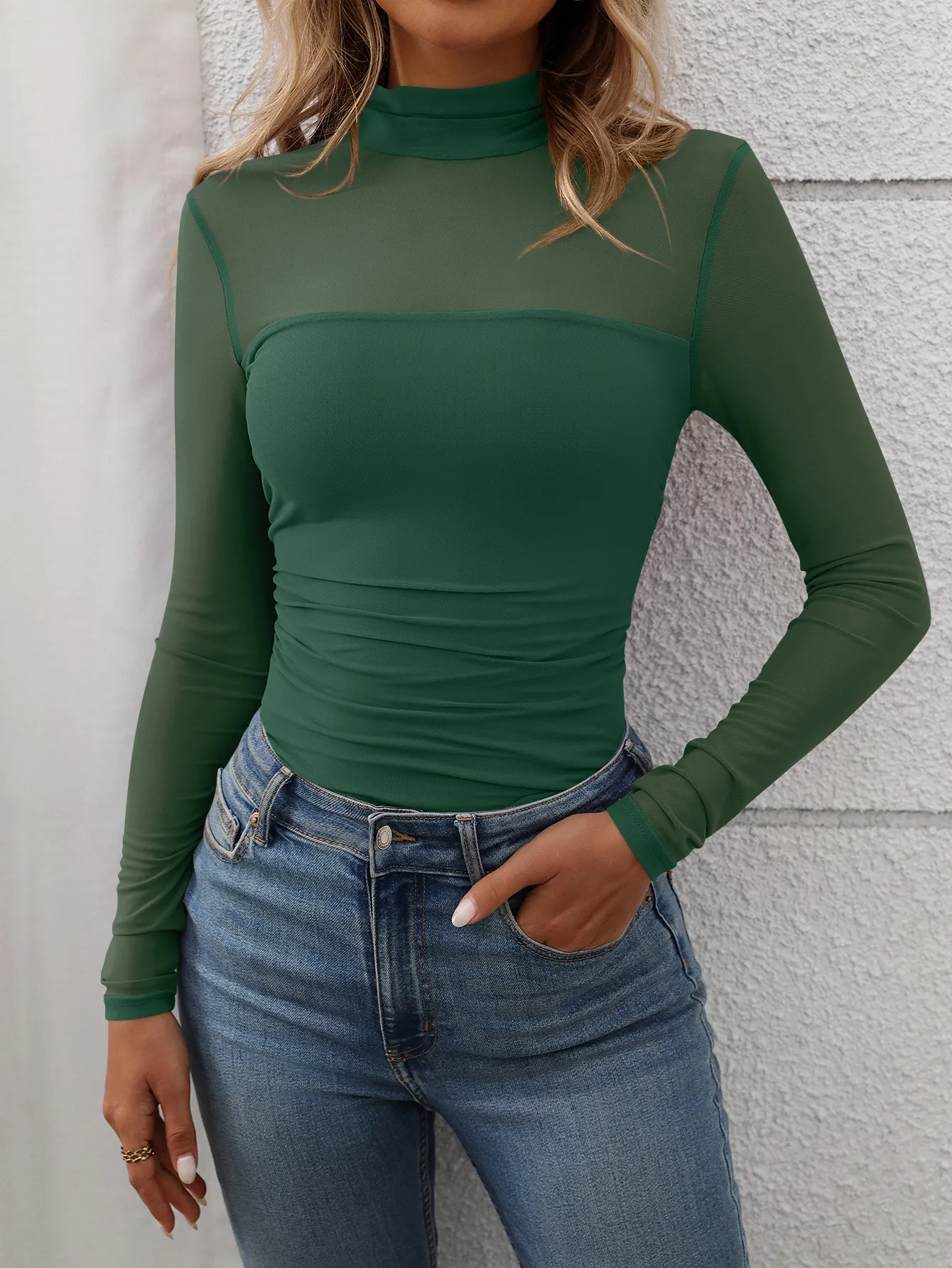 Sheer Mesh Long Sleeve Turtleneck Top
