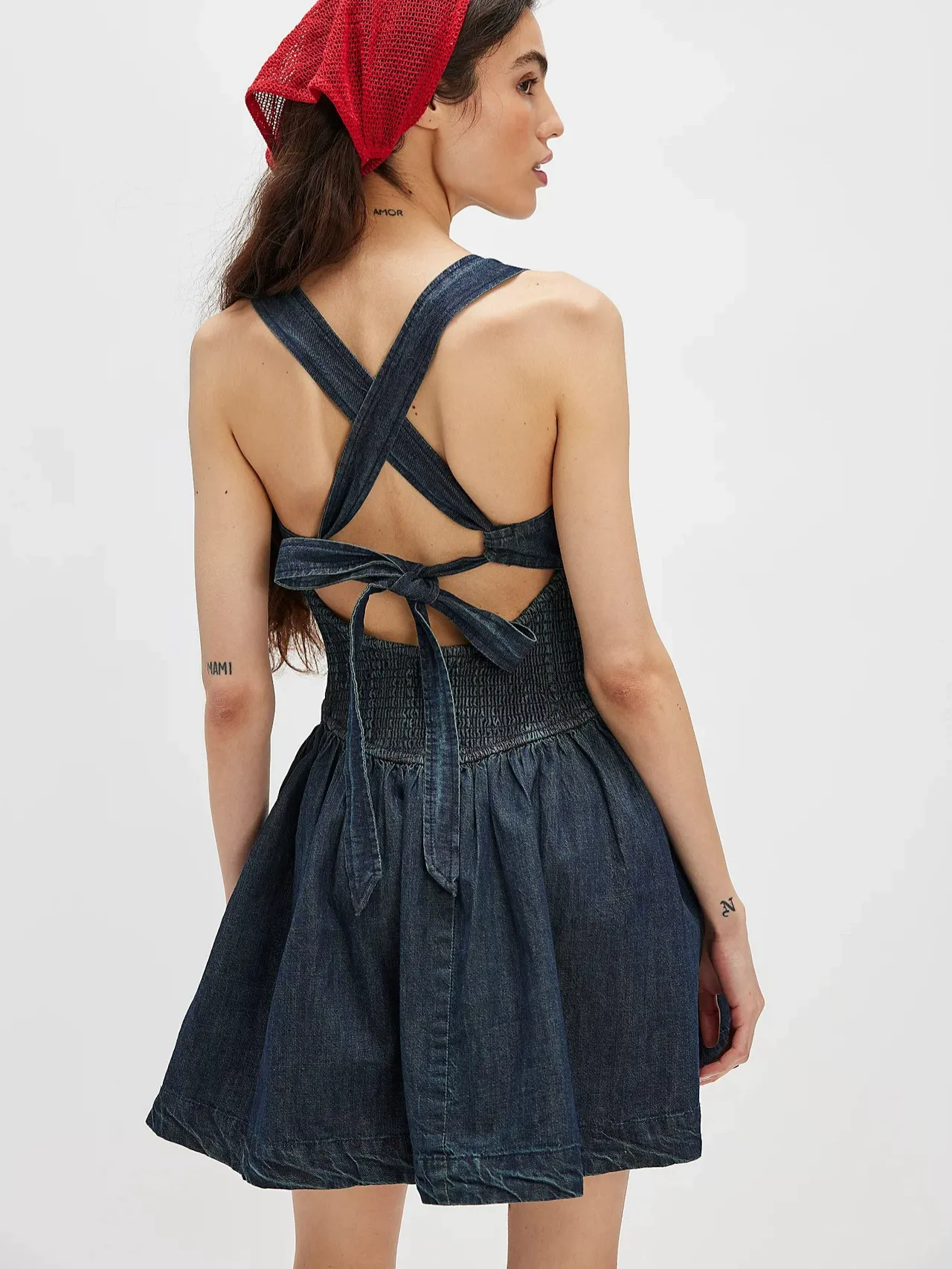 Solid Backless High-Waist Denim Mini Dress