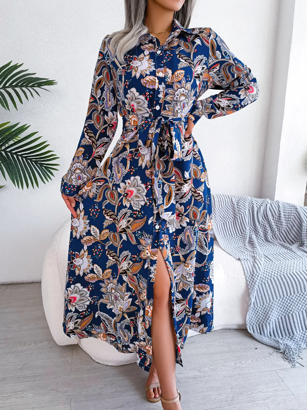 Floral Vintage Collared Belted Maxi Shirtdress