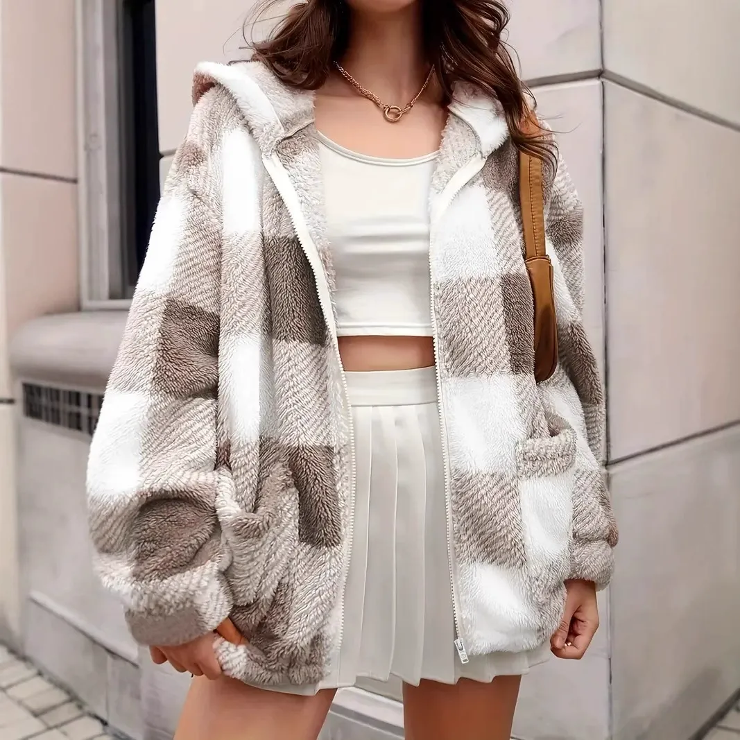 Plaid Faux Fur Hooded Cardigan Jacket