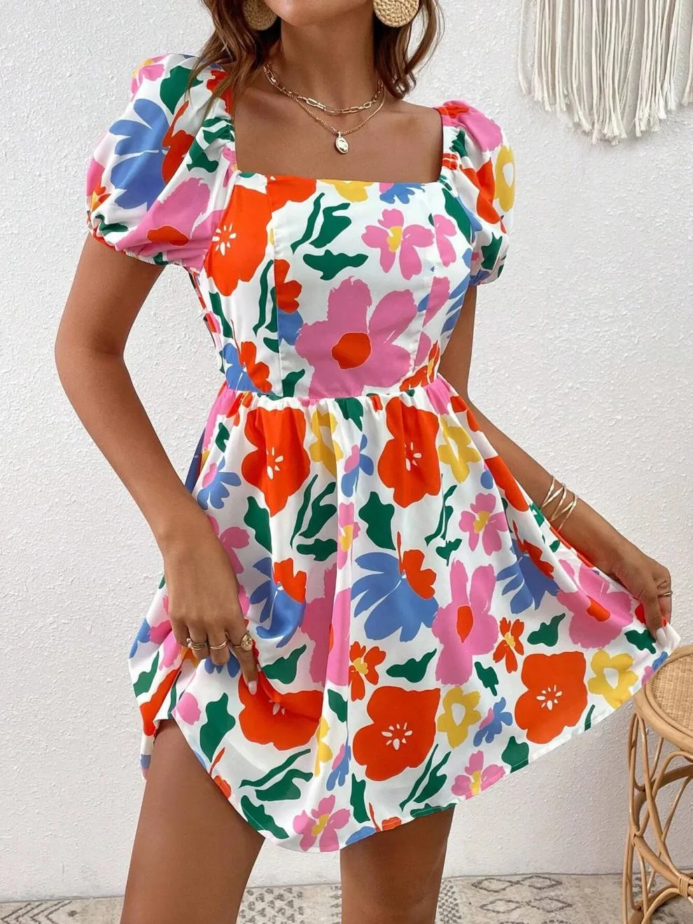 V-Neck Printed Lantern Sleeve Mini Dress