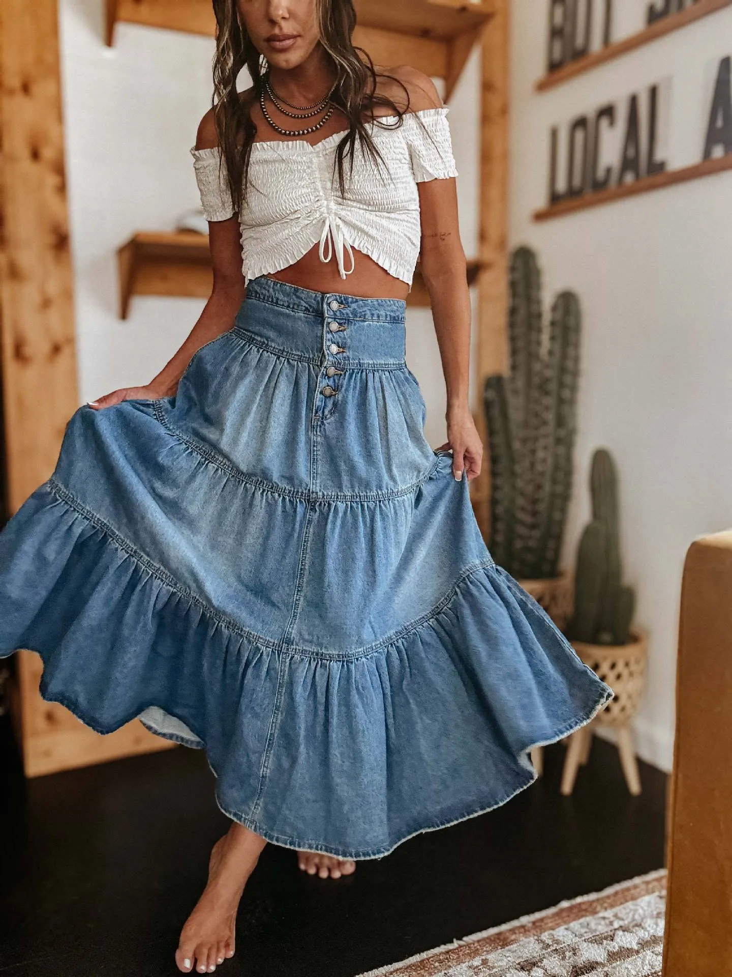 Bohemian A-line Tiered Denim Skirt