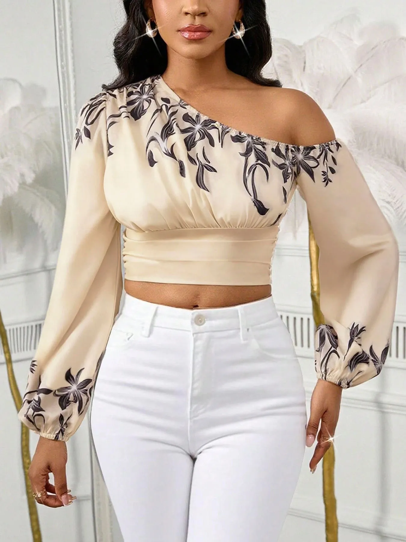Printed One-Shoulder Puff Sleeve Crop Top
