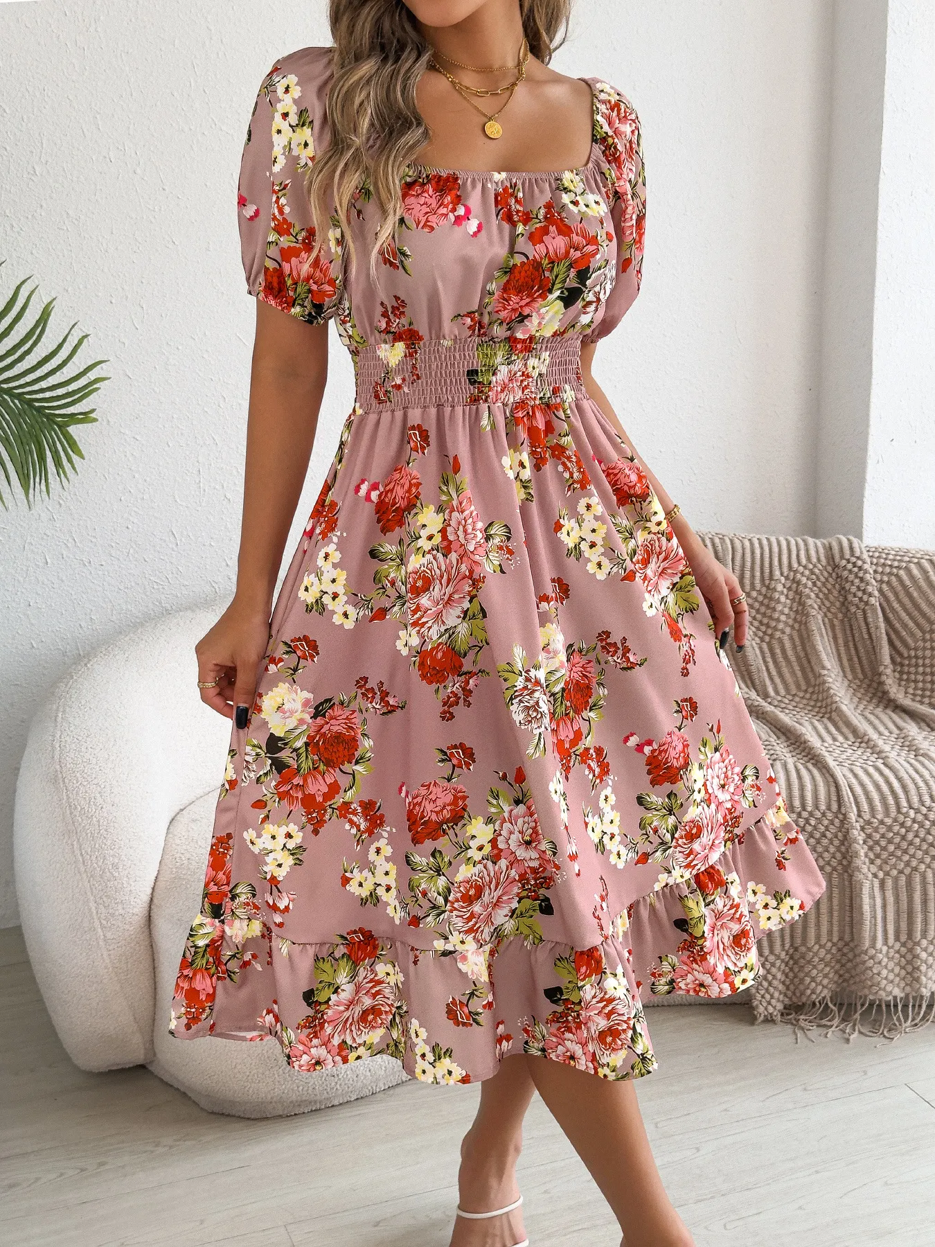Off-Shoulder Floral Ruffle A-Line Vacation Dress