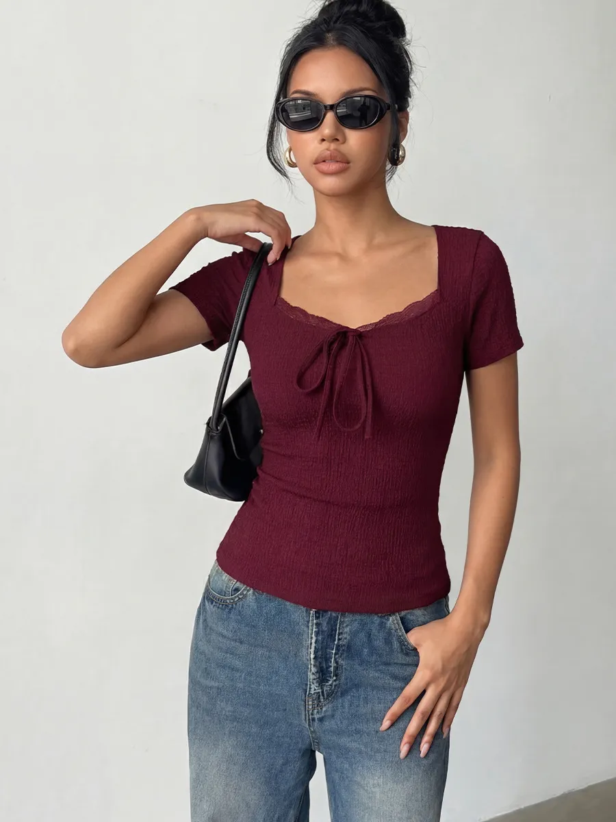 Lace Trim Slim Fit Short Sleeve Top