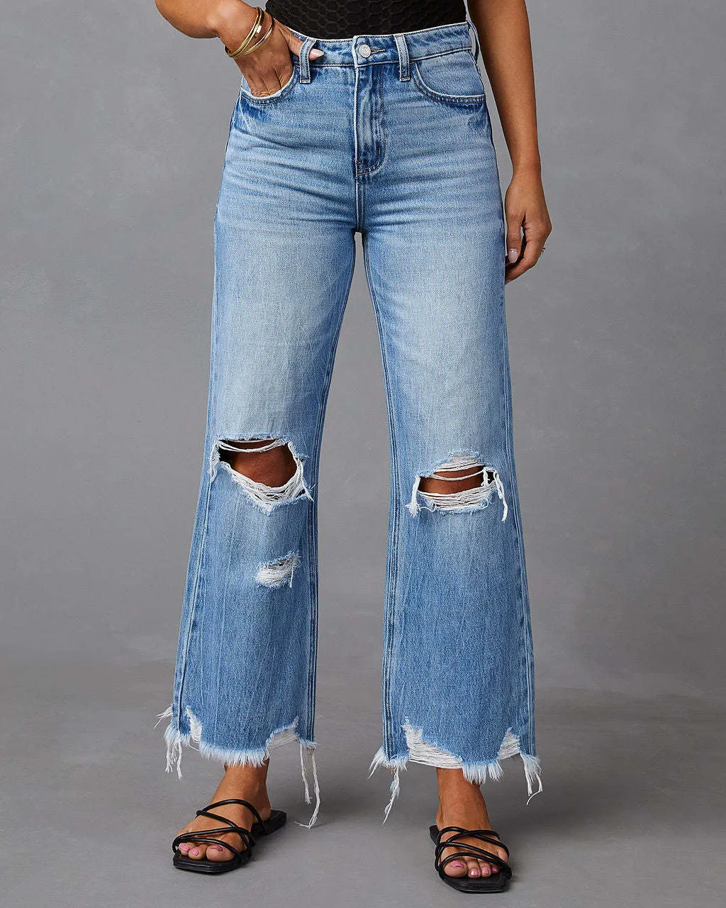 Street Style Ripped Raw Hem Jeans