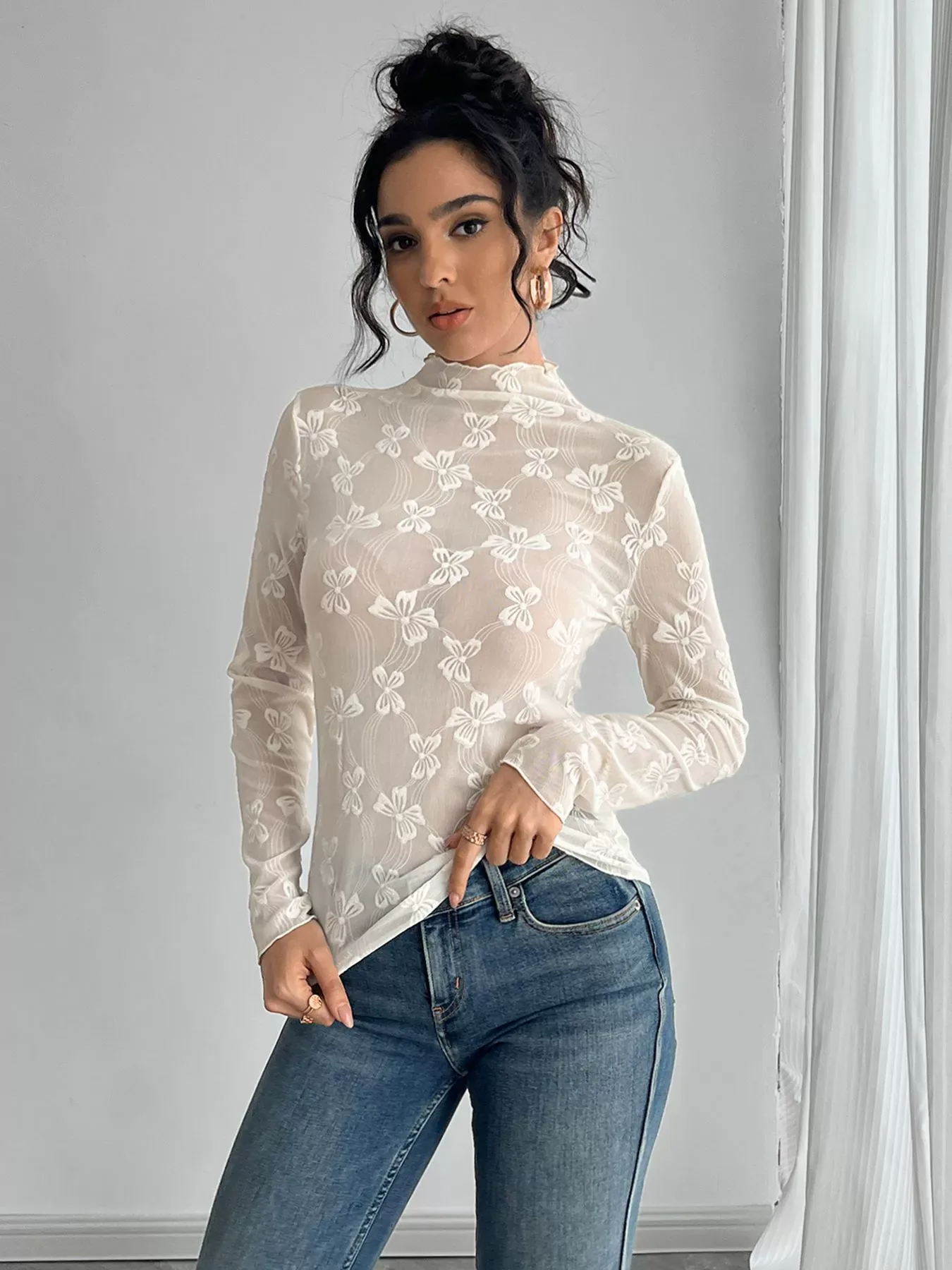 Butterfly Jacquard Mesh Slim Long Sleeve Top