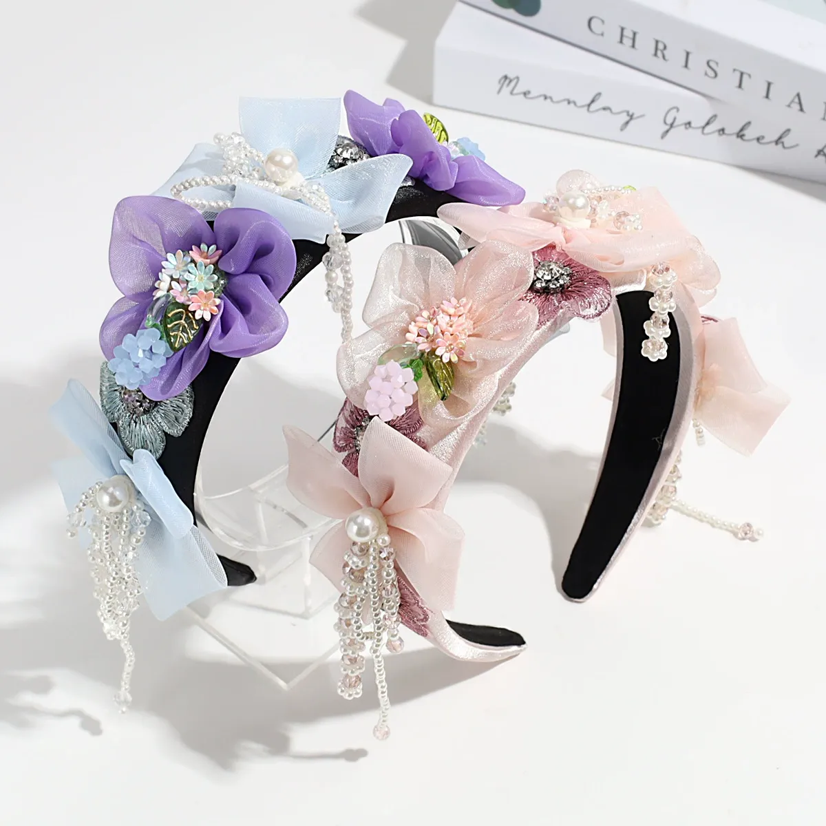 Rhinestone Floral Pearl Tassel Headband