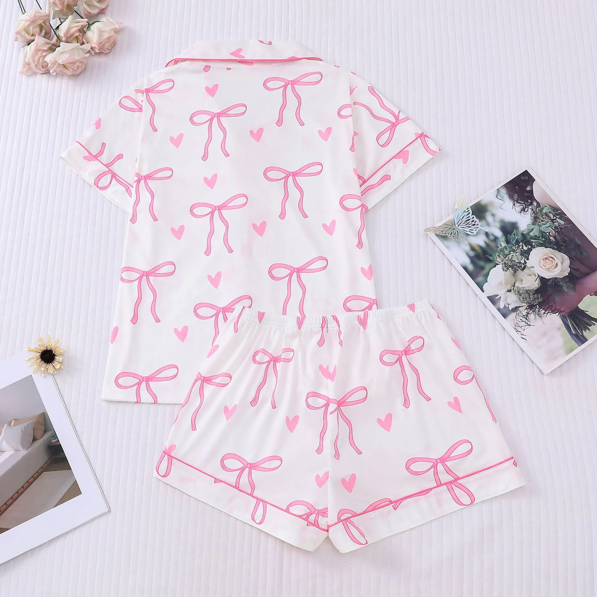 Bow Print Collared Pajama Shorts Set