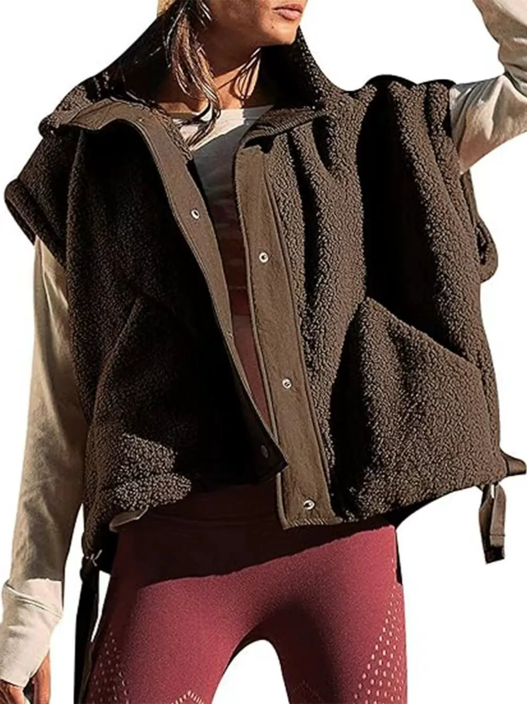 Oversized Fleece Vest Jacket with Buttons