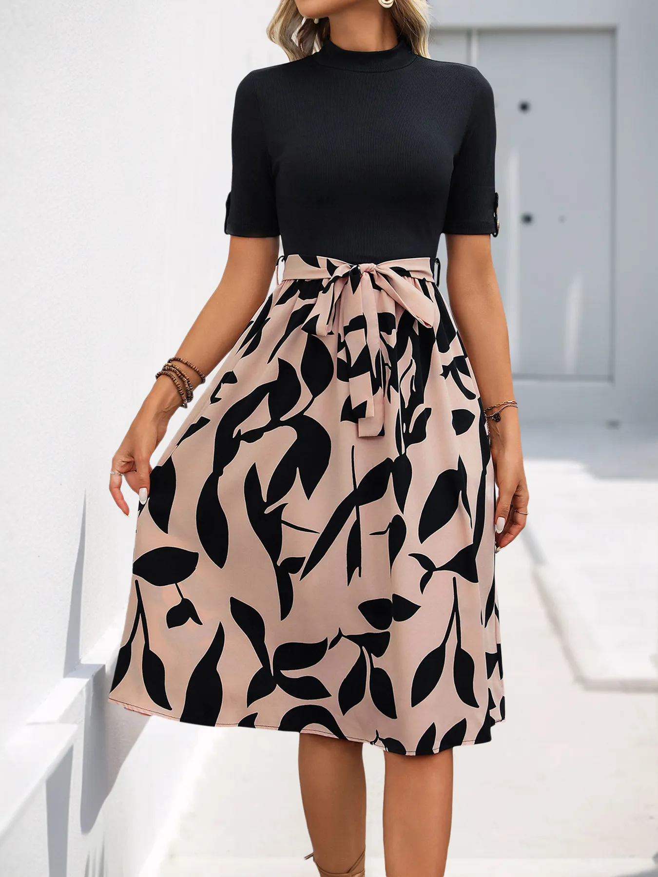 Mock Two-Piece Tie-Waist Midi Dress