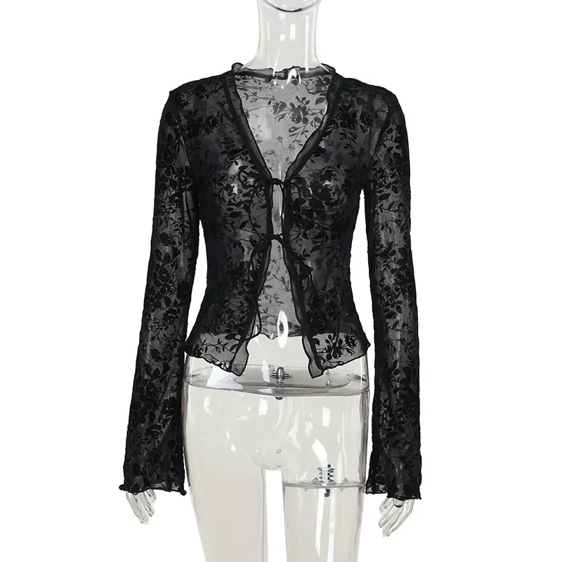 Elegant Slim Fit Ruffled Bell Sleeve Chiffon Blouse