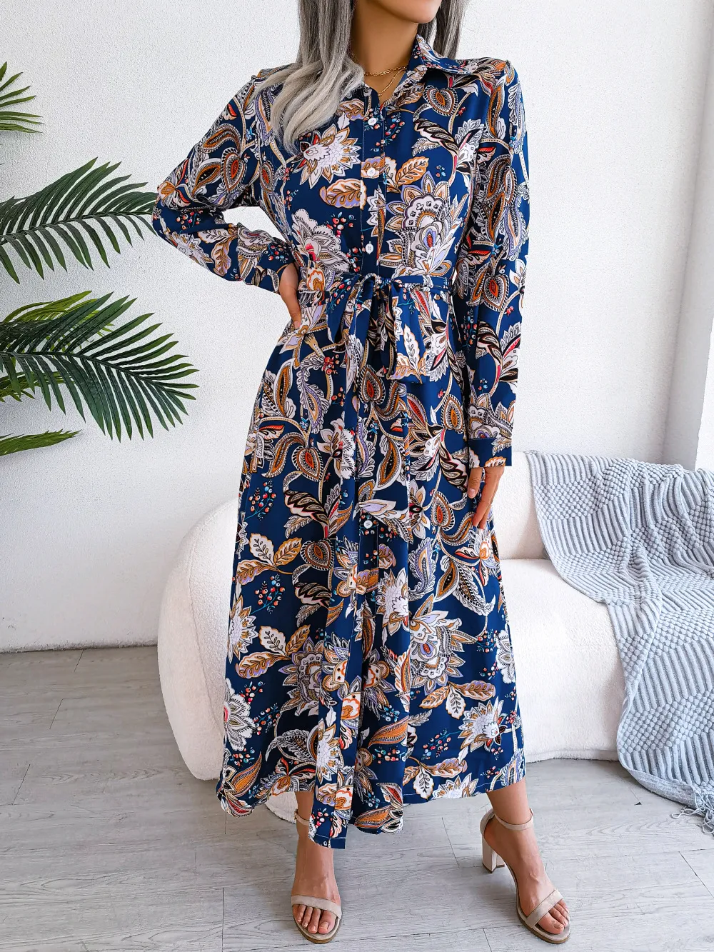 Floral Vintage Collared Belted Maxi Shirtdress