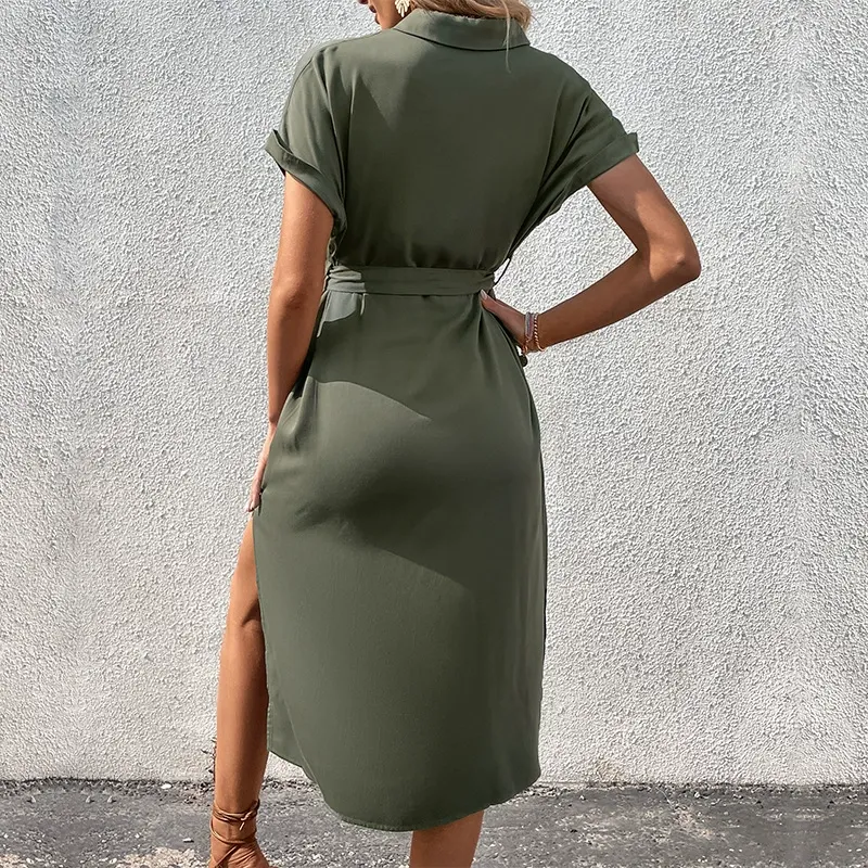 Solid Lapel Tie-Waist Shirt Dress