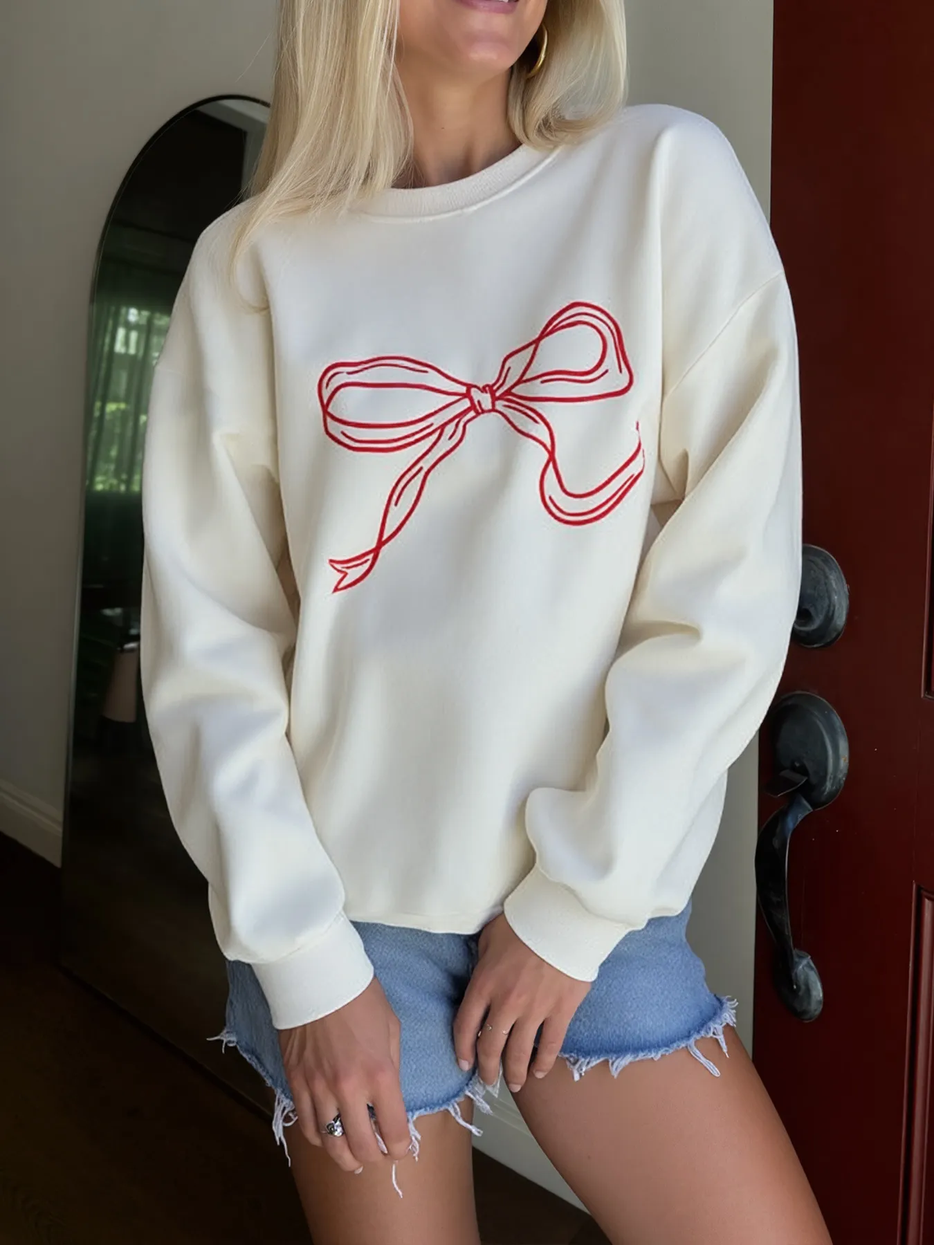 Casual Long Sleeve Bow Print Sweatshirt