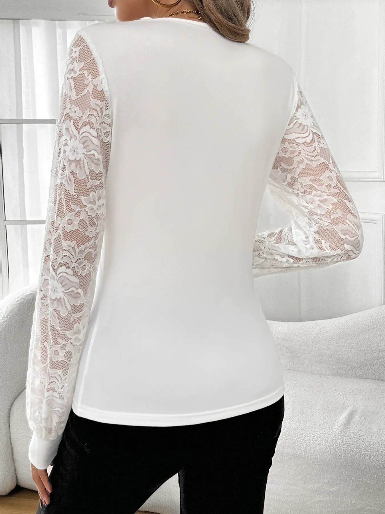 Rhinestone Lace V-Neck Lantern Sleeve Top
