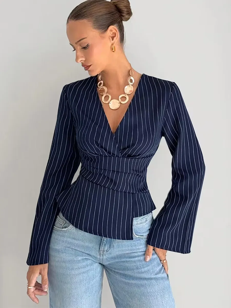 Striped V-Neck Long Sleeve Pullover Blouse