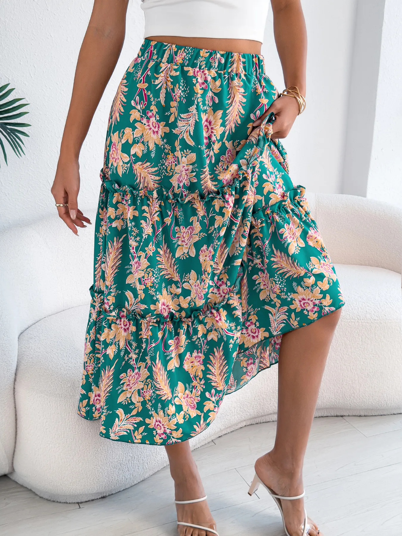 Casual Floral Print Ruffled Midi Beach Skirt