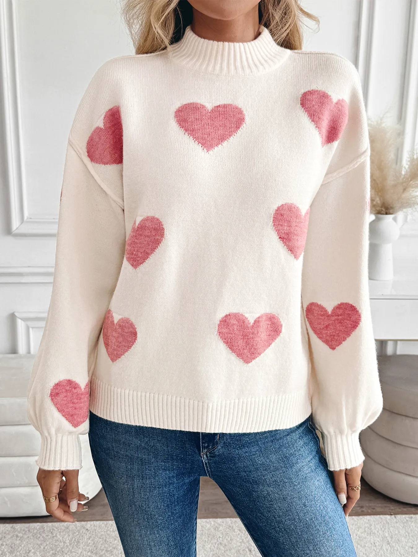 Christmas Heart Jacquard Mock Neck Sweater