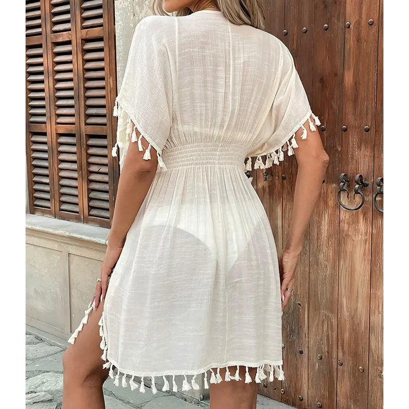 Hand-Crocheted Openwork Tasseled Beach Cover-Up Dress