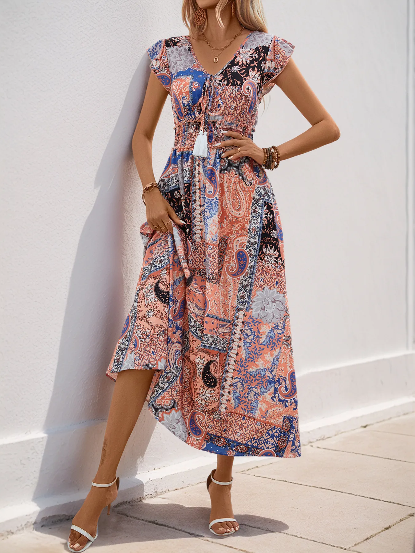 Bohemian Print Tie-Waist Maxi Dress