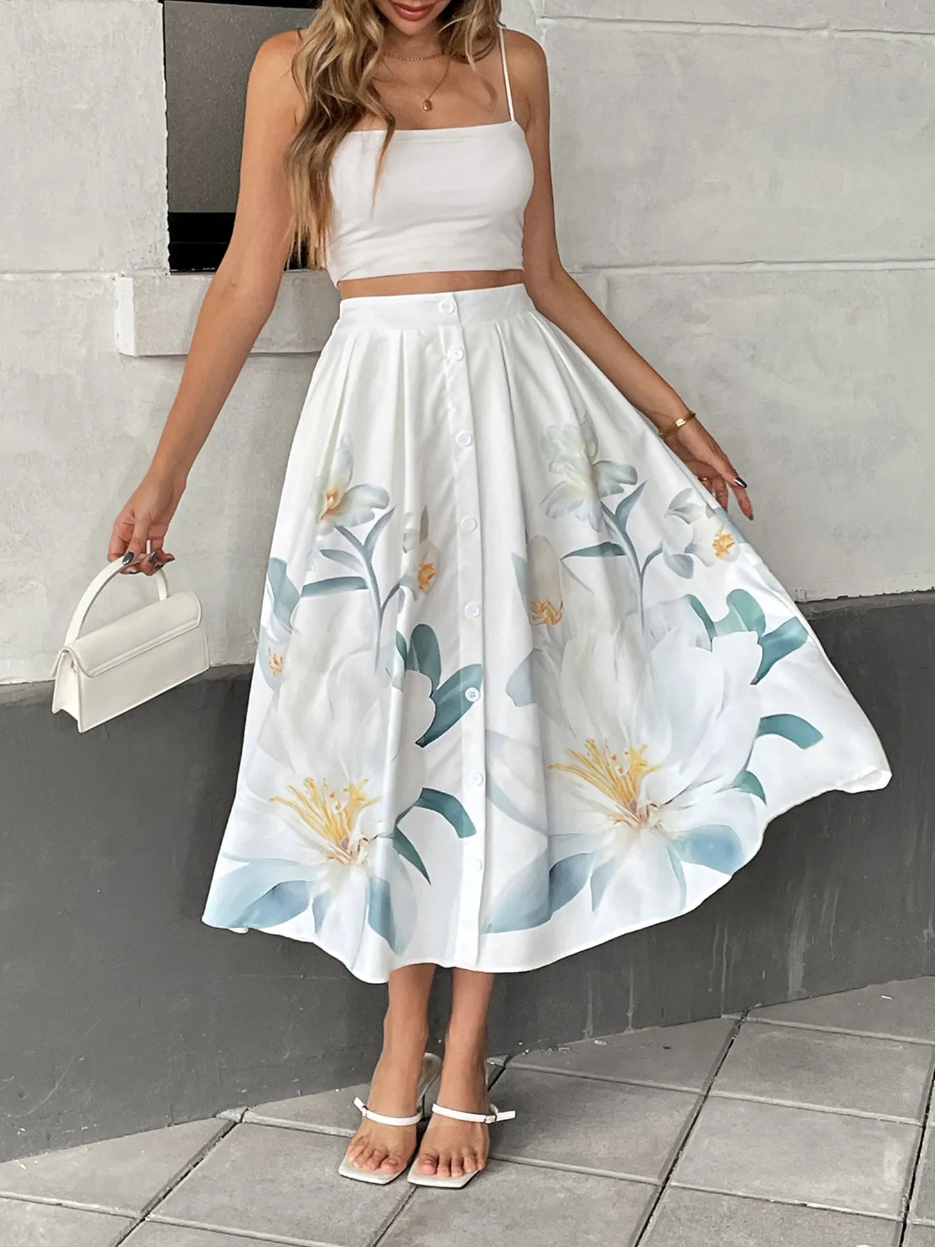 Floral Print Button-Front Skirt