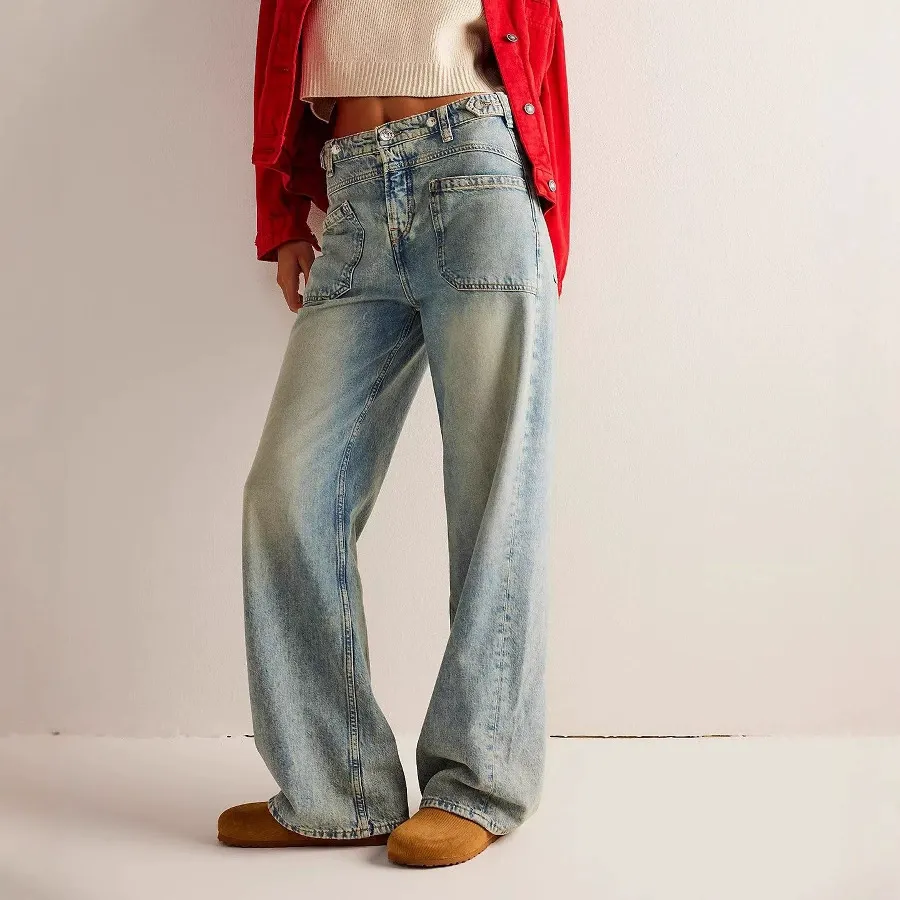 Streetwear Rigid Washed Straight Wide Leg Jeans