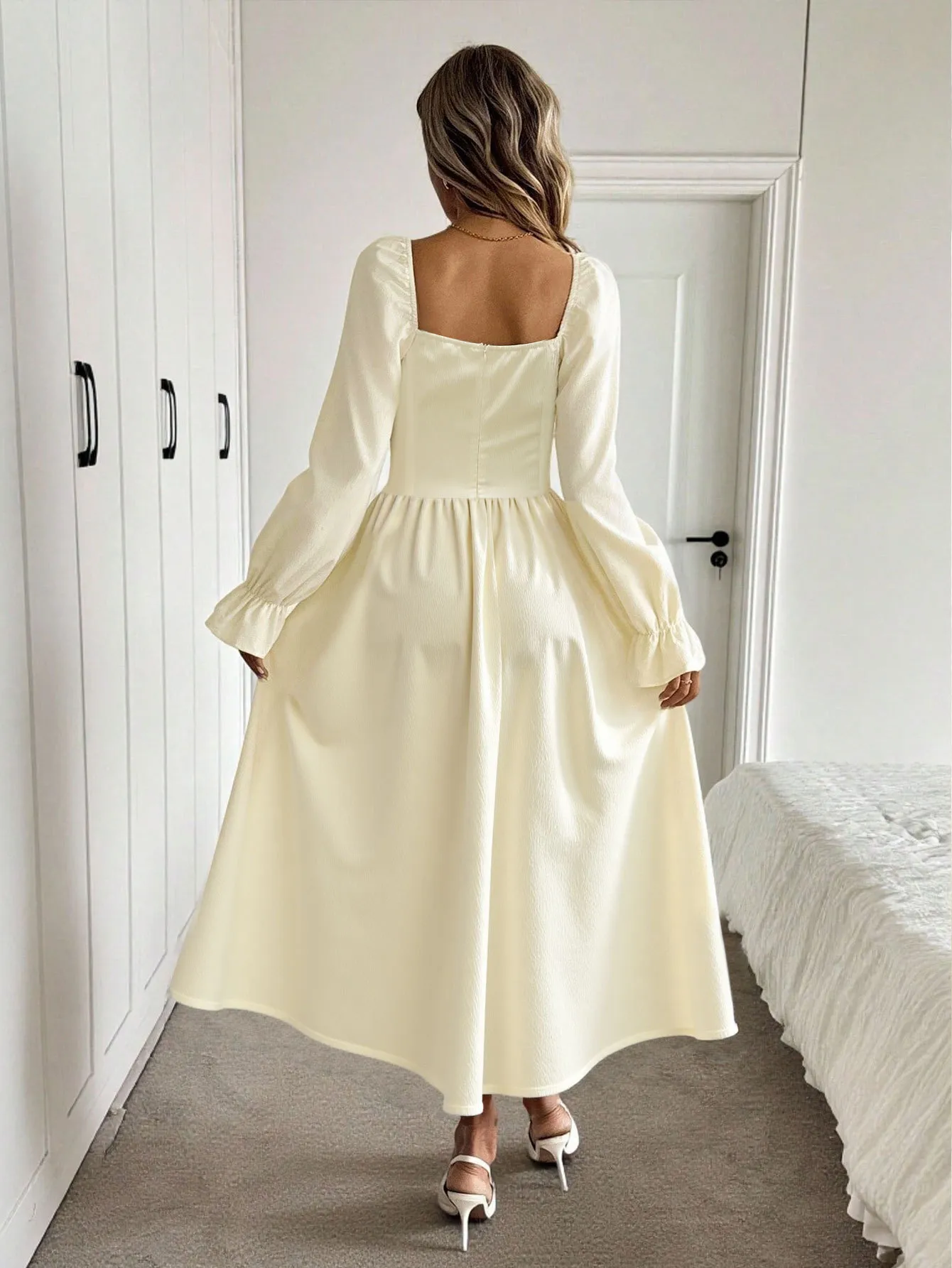 Square Neck Long Sleeve Ruched A-Line Dress