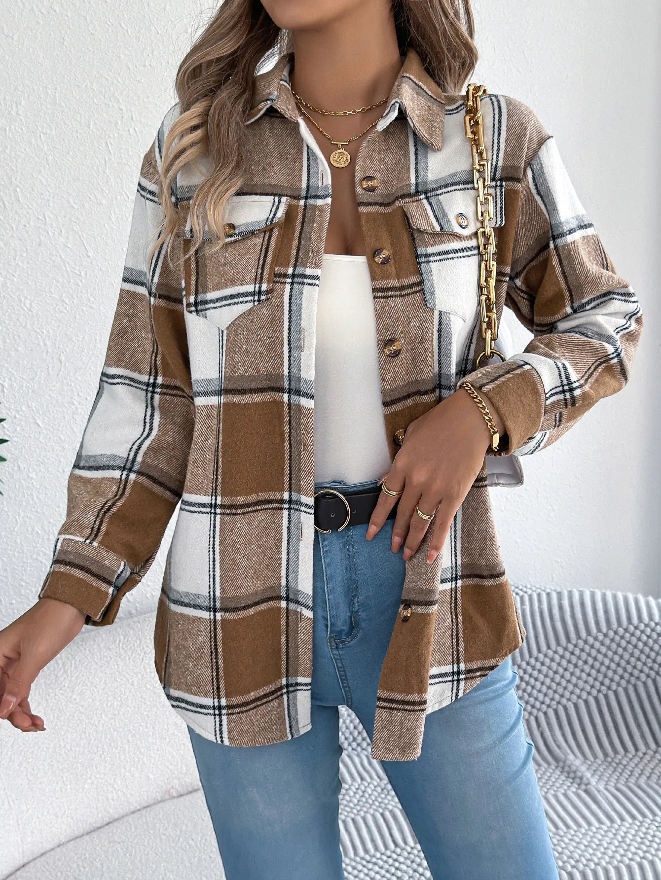 Casual Plaid Mid-Length Wool Blend Coat with Faux Pockets