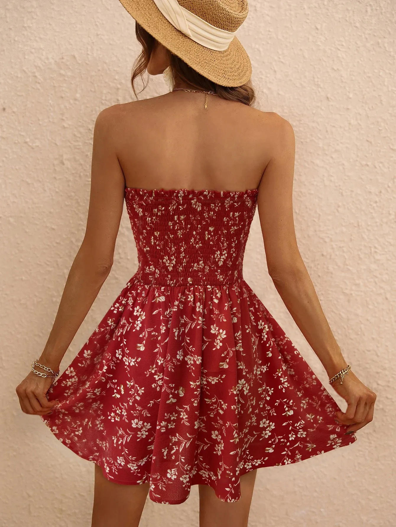 Floral Print Spaghetti Strap Cinched Waist Dress