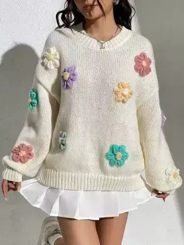 Elegant 3D Floral Knit Sweater
