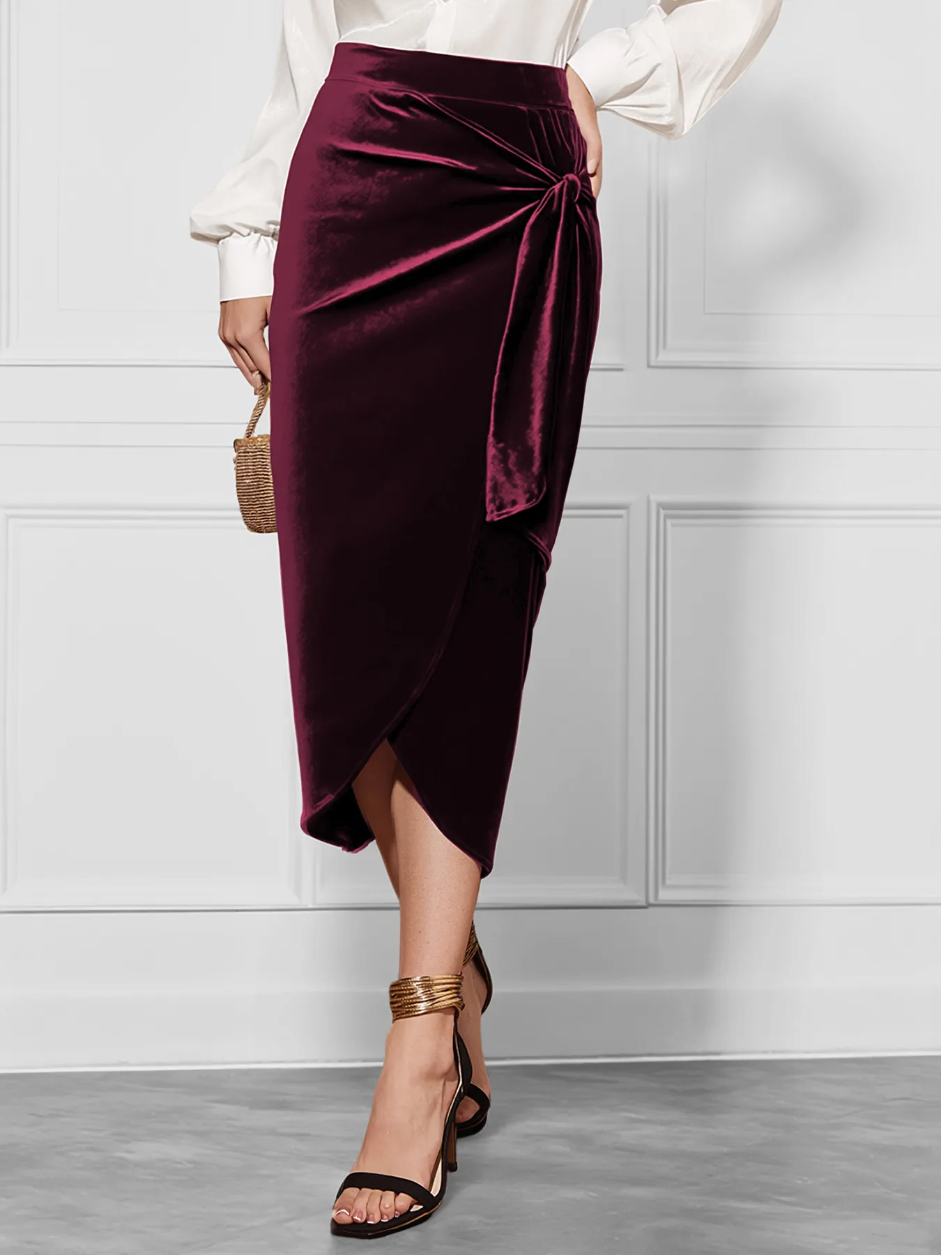 Solid Velvet Twist-Front Slit Midi Skirt