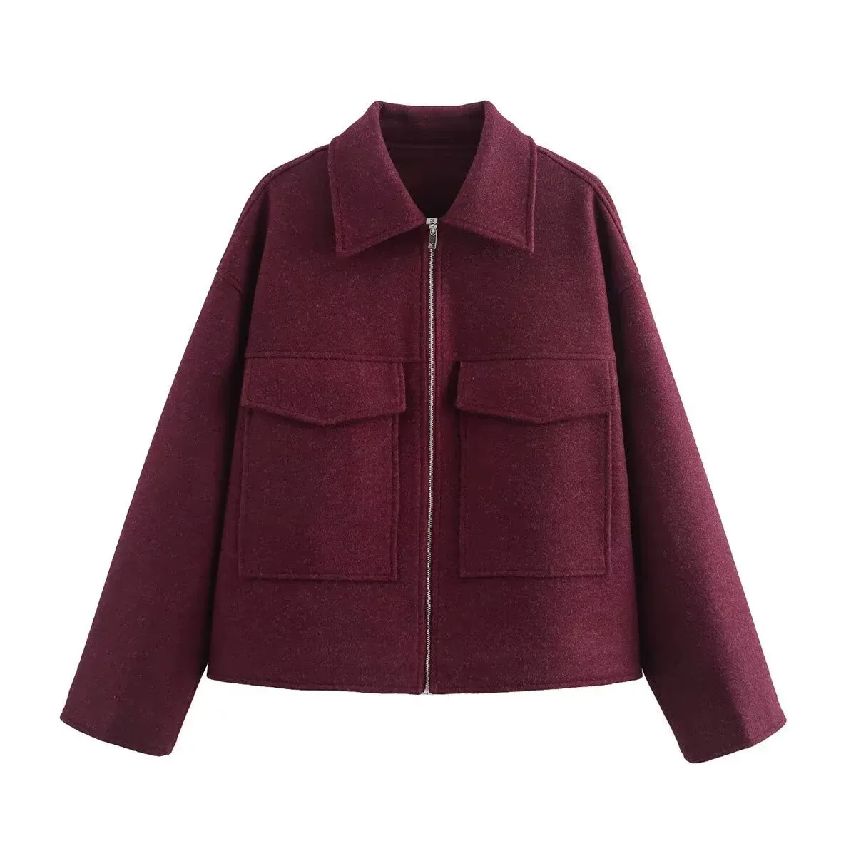 Burgundy Wool Blend Zip-Up Jacket with Large Pockets