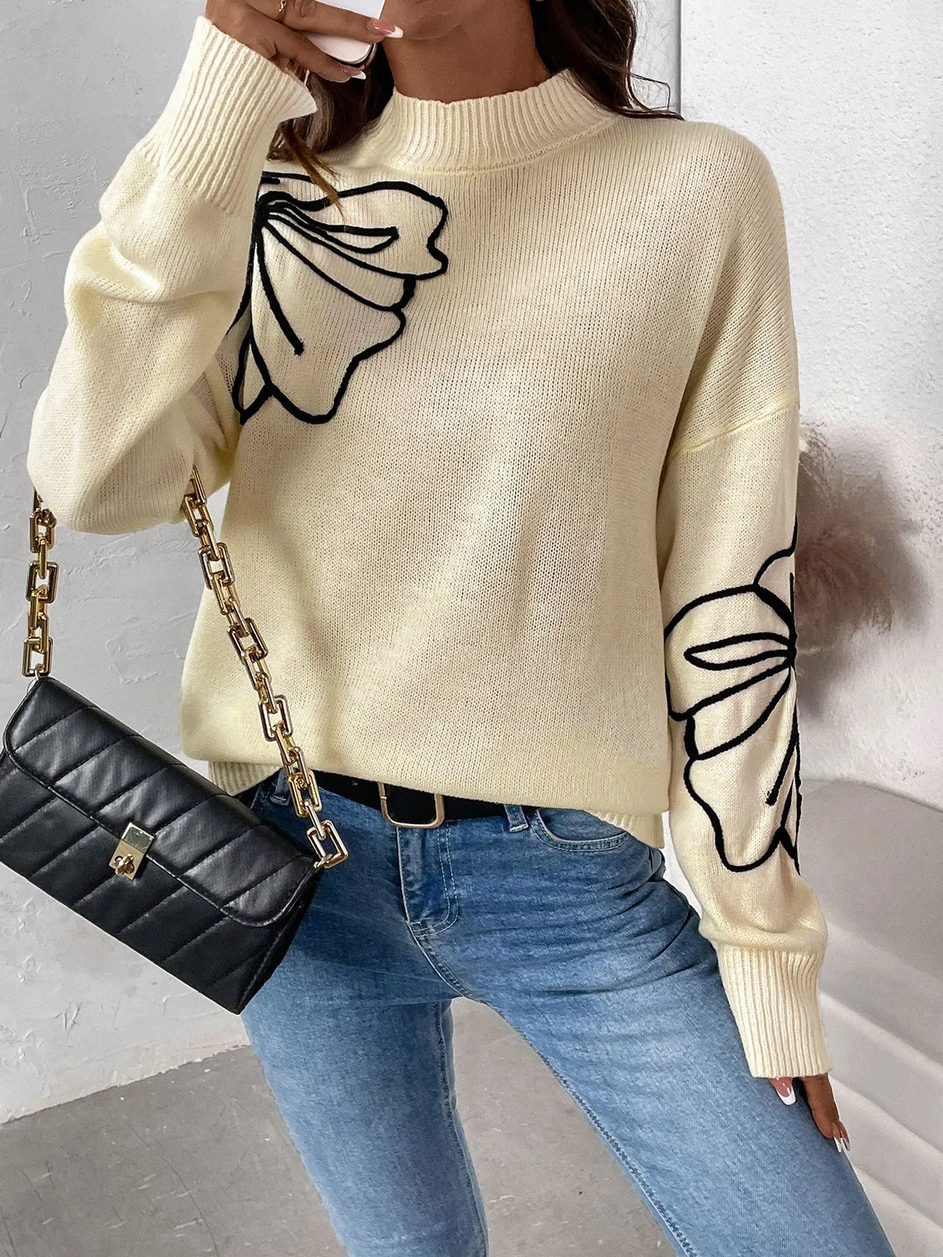 Mock Neck Floral Sweater