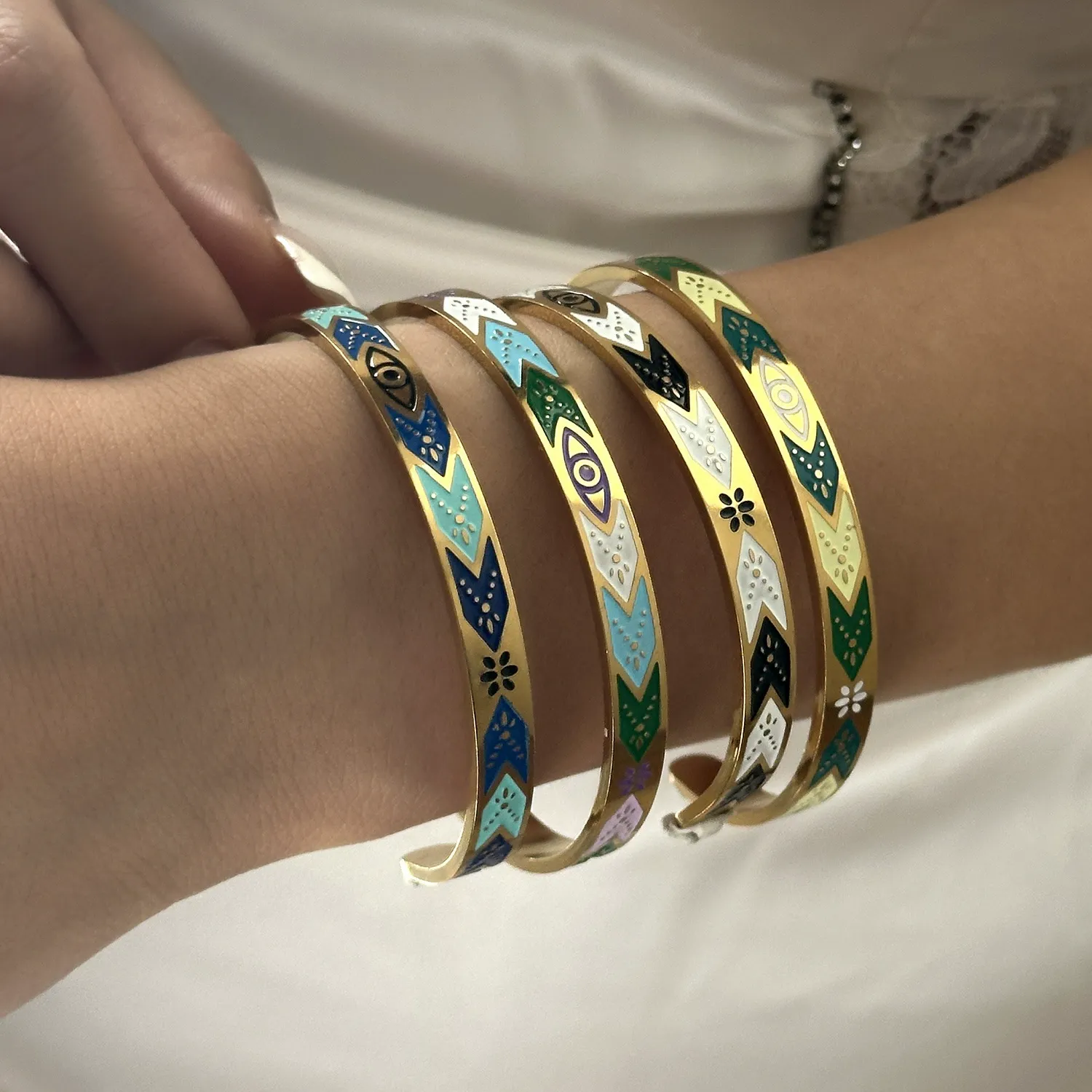 Colorful Enamel Evil Eye Stainless Steel Cuff Bangle