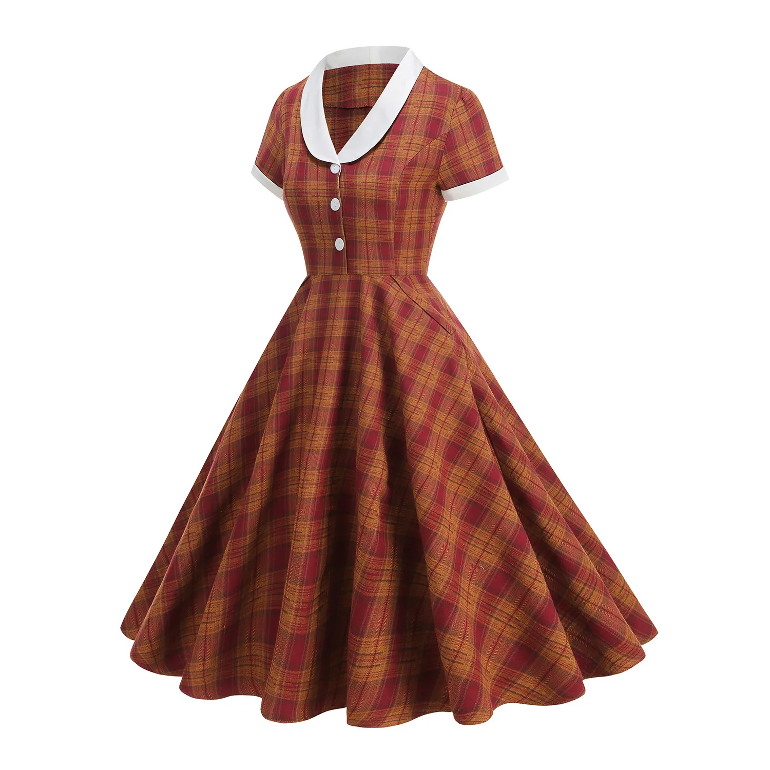 Vintage Hepburn Style Contrast Collar Midi Swing Dress