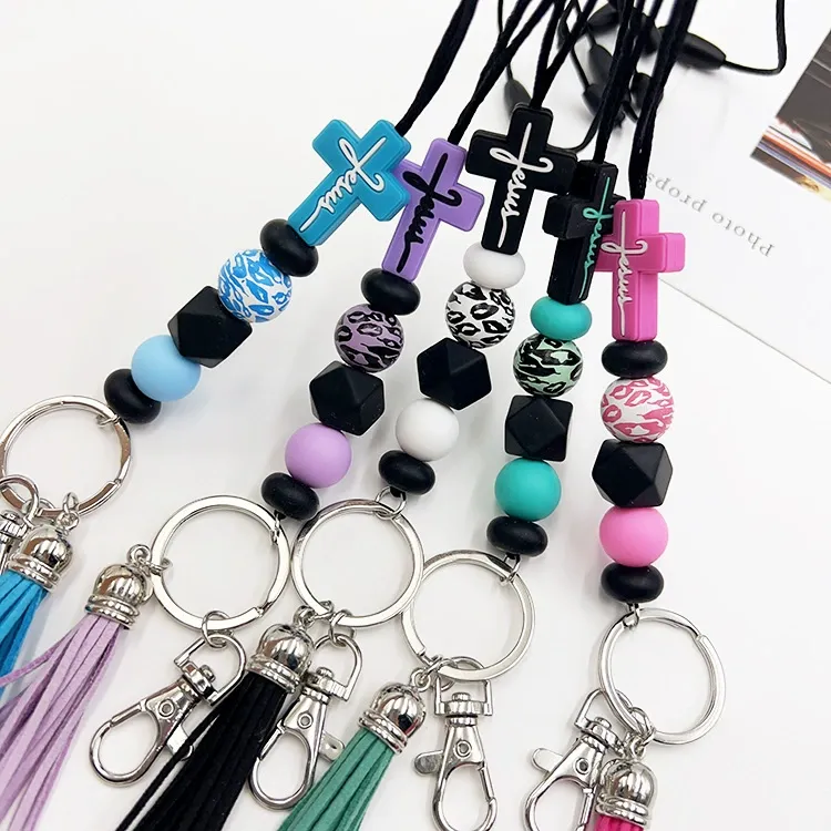 Handmade Silicone & Wood Beaded Lanyard with Cross - ID Badge & Key Holder