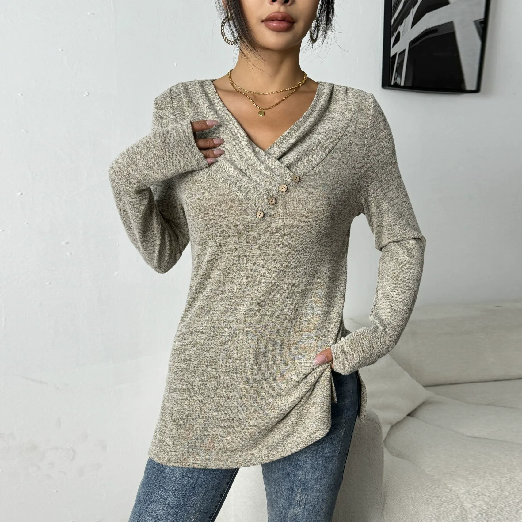 Brushed Long Sleeve V-Neck Button Top