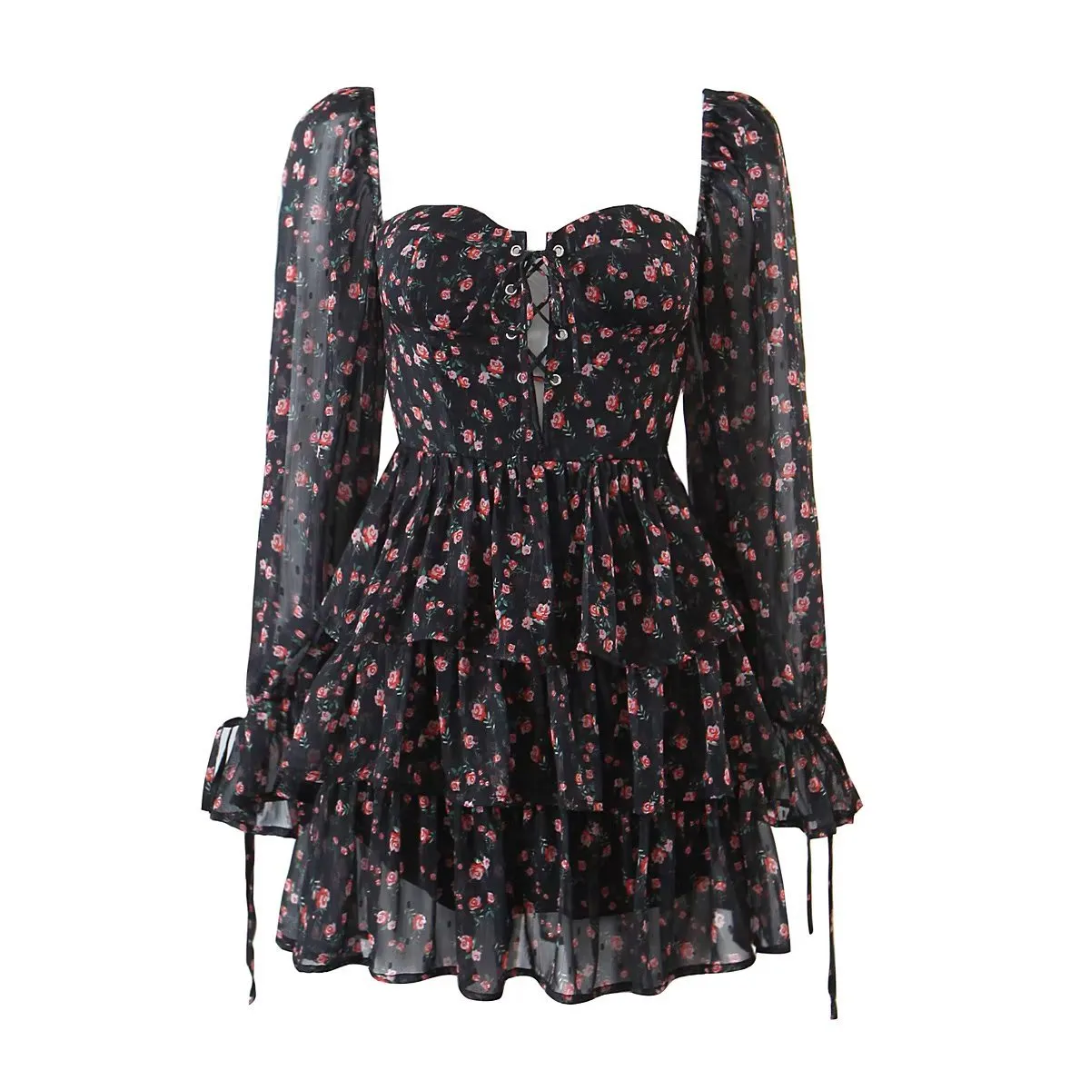  Floral Chiffon Long Sleeve Dress