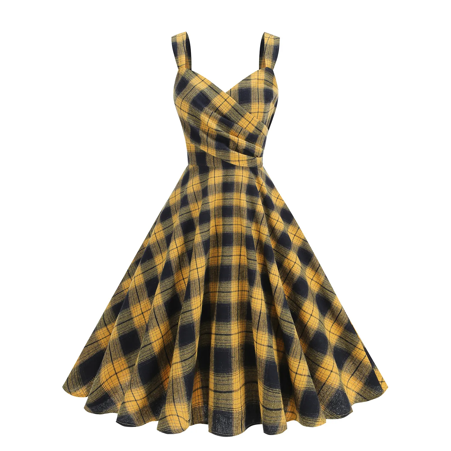 French Vintage Plaid V-Neck Pleated Swing Strap Dress