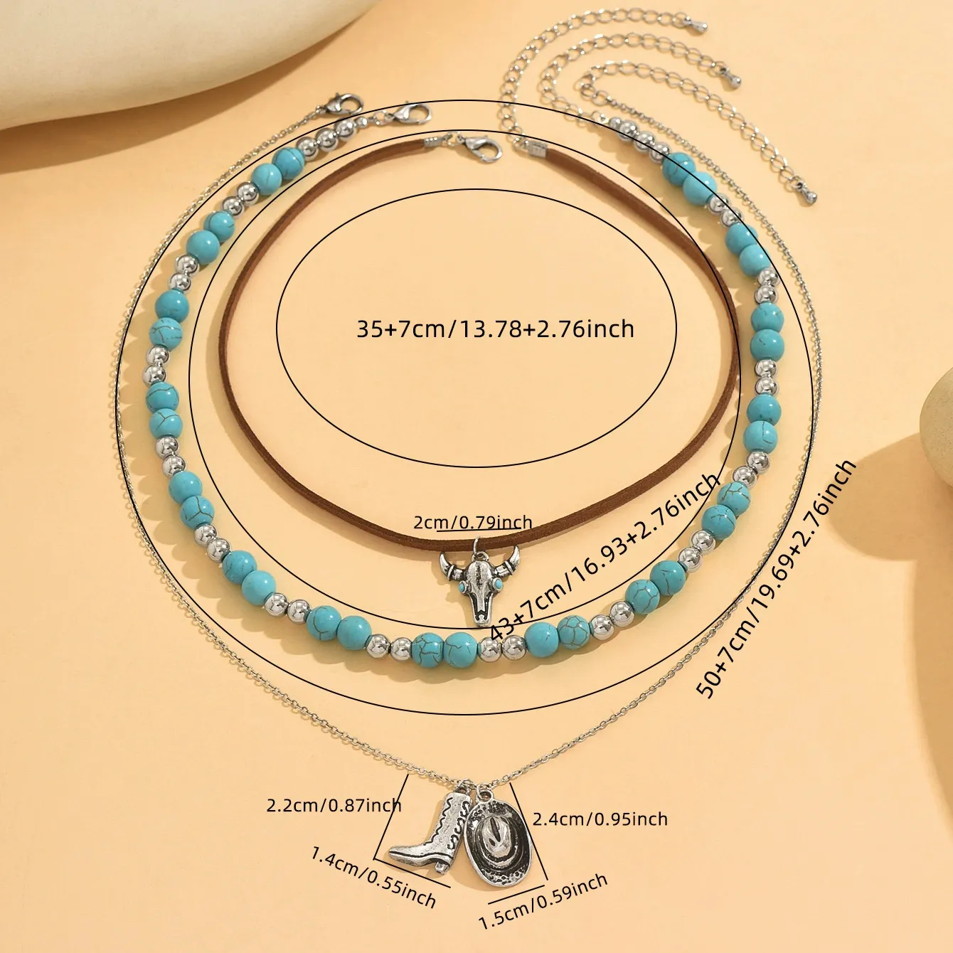 Antiqued Western Faux Turquoise Bull Skull Necklace Set with Hat & Boot Charms