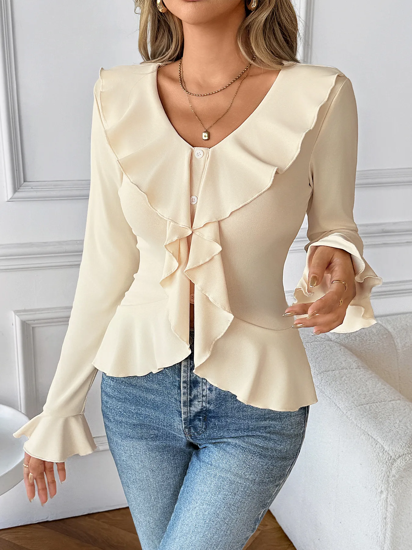 Elegant Solid Ruffle Bell Sleeve Top