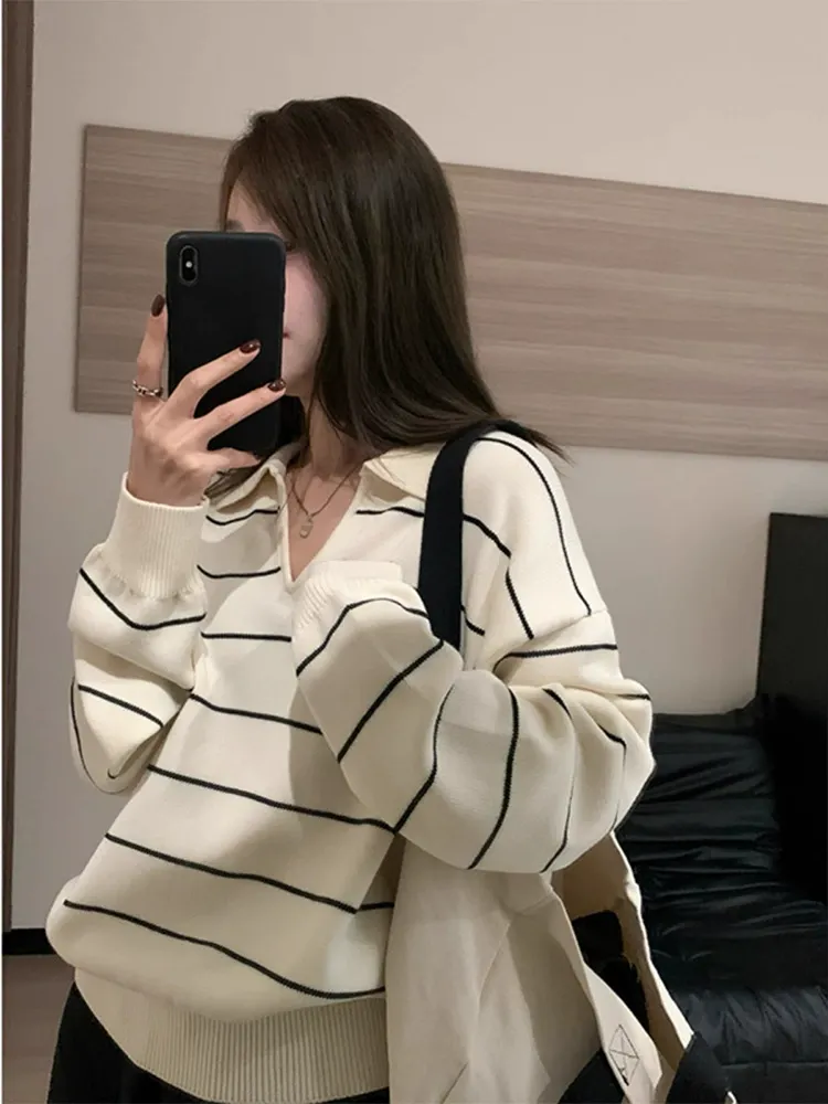 Black and White Striped Relaxed Fit Polo Knit Sweater