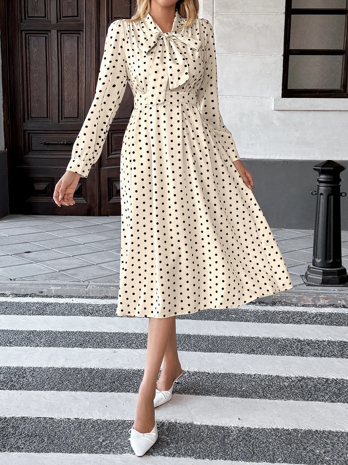 Vintage Polka Dot Long Sleeve Bow Tie Midi Dress