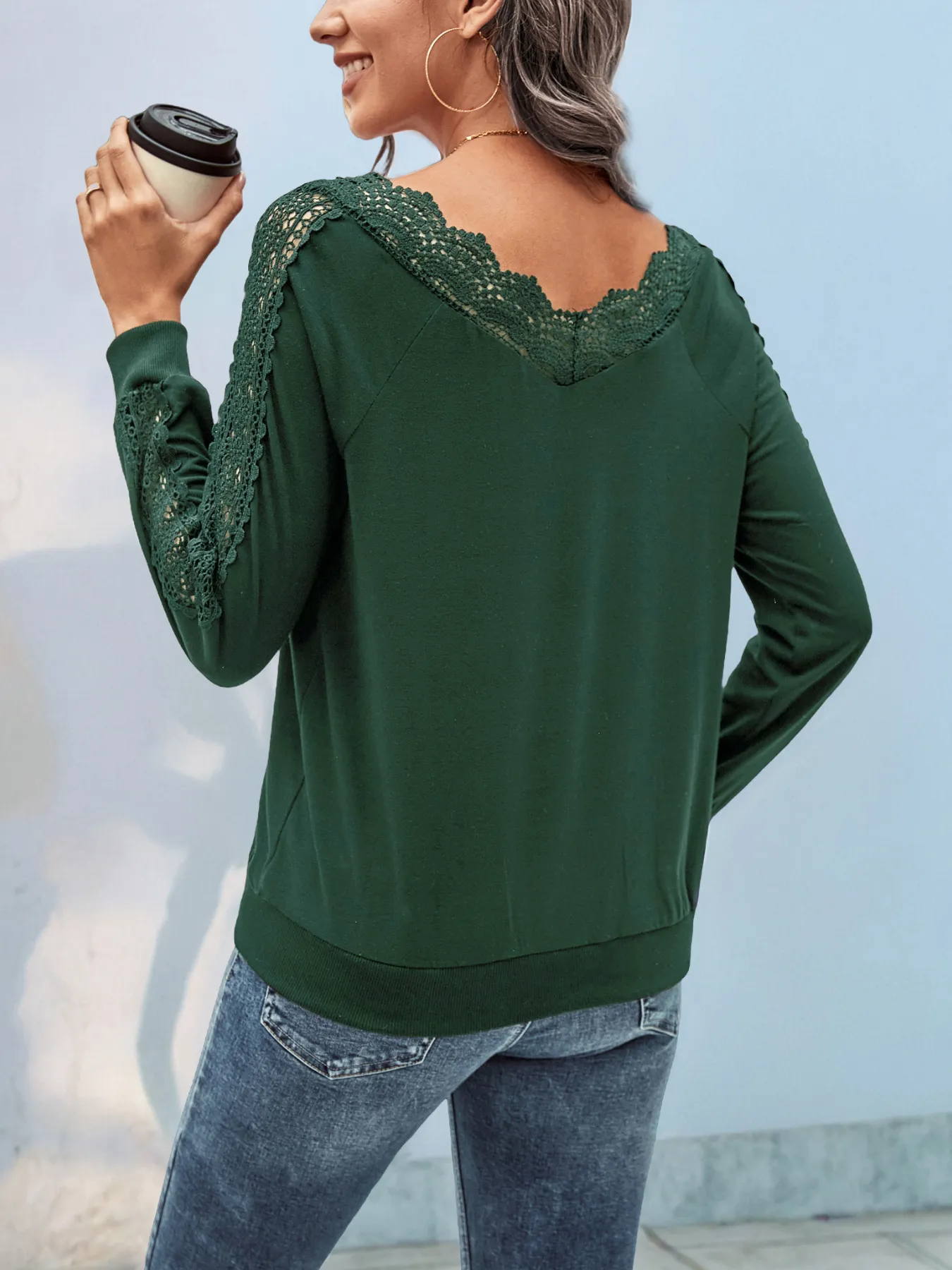Solid Color Lace V-Neck Sweatshirt