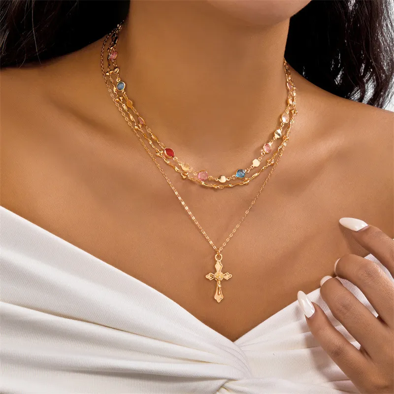 Gold Layered Cross Necklace with Colorful Rhinestones