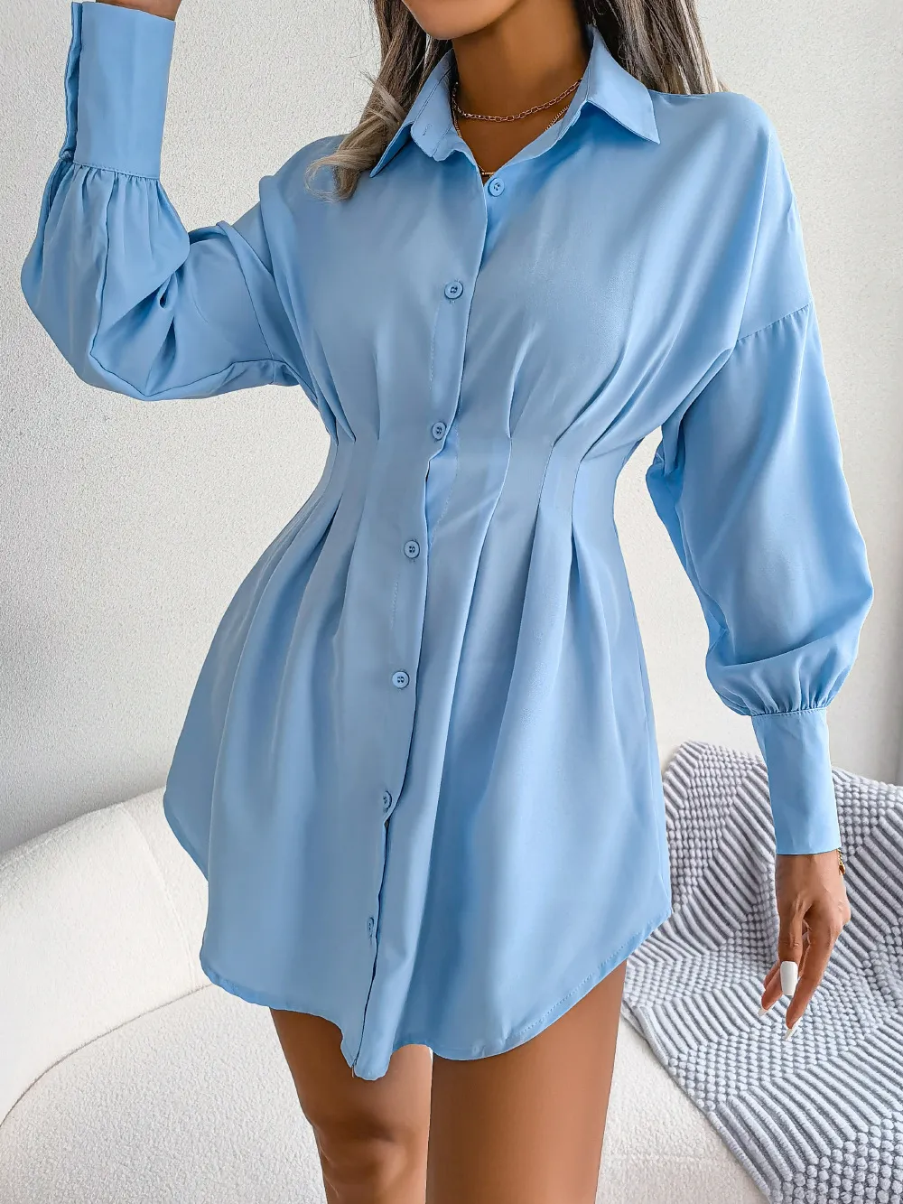 Casual Lantern Sleeve Asymmetrical Shirt Dress
