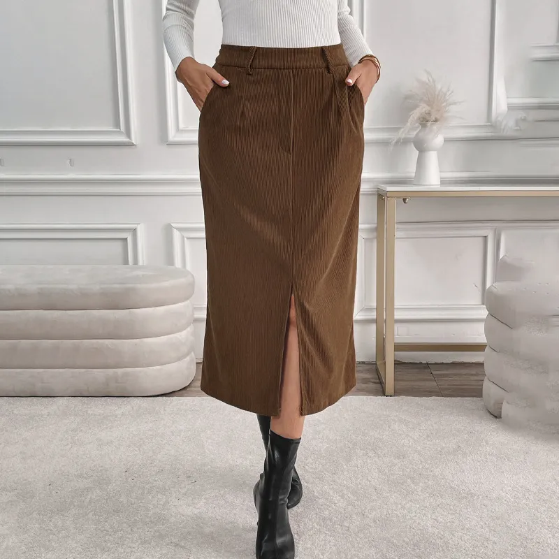 Elegant Vintage Corduroy Slit Skirt